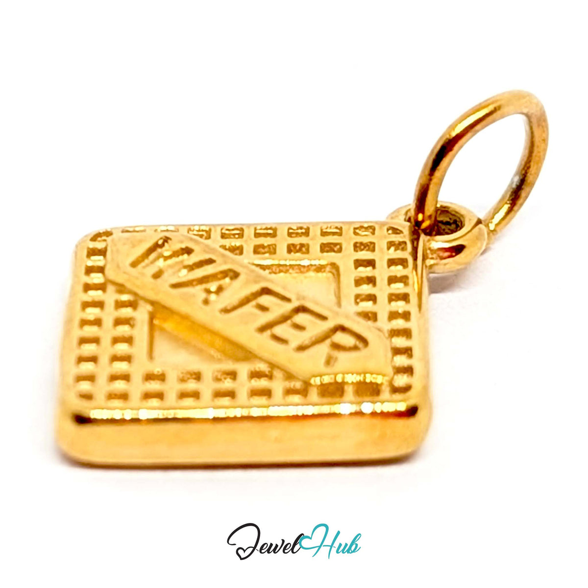 Angled view of the gold-tone wafer biscuit charm - JewelHub