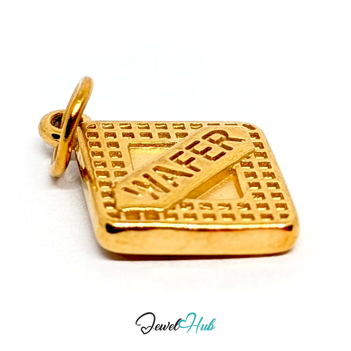 Close-up of the gold-tone wafer biscuit charm detail - JewelHub