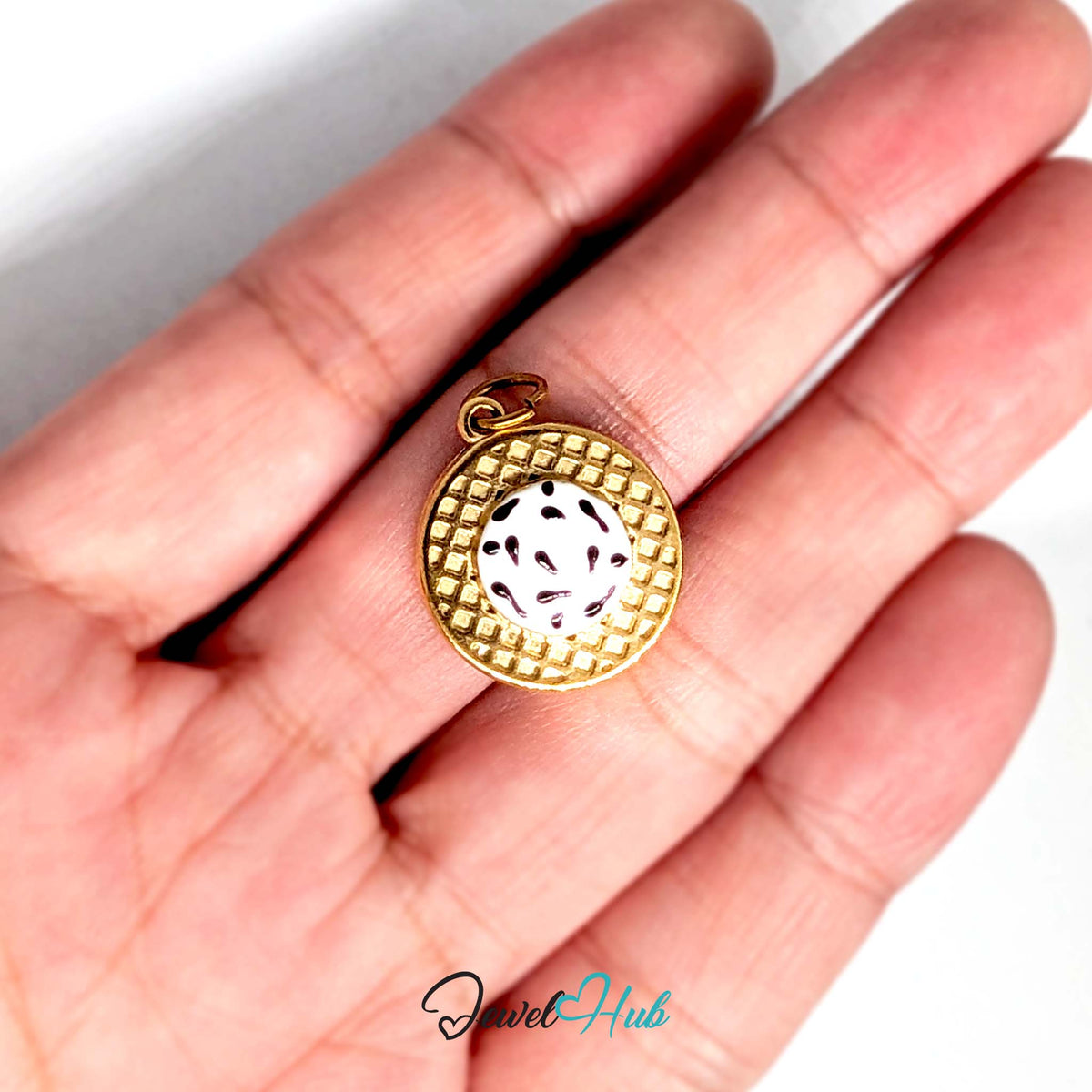 Cookies and cream waffle charm held in a hand to show its size - JewelHub
