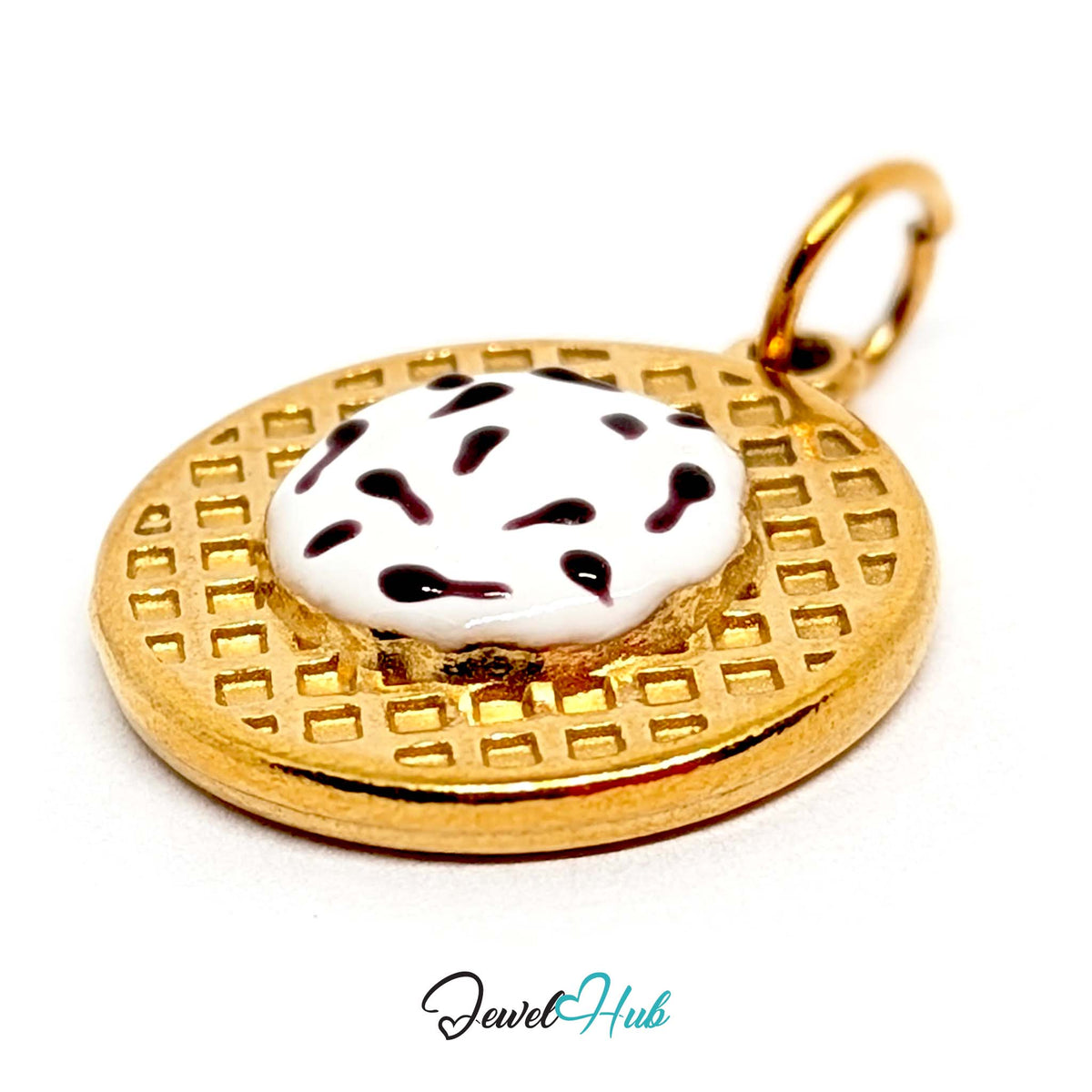 Angled view of the gold-tone cookies and cream waffle charm - JewelHub