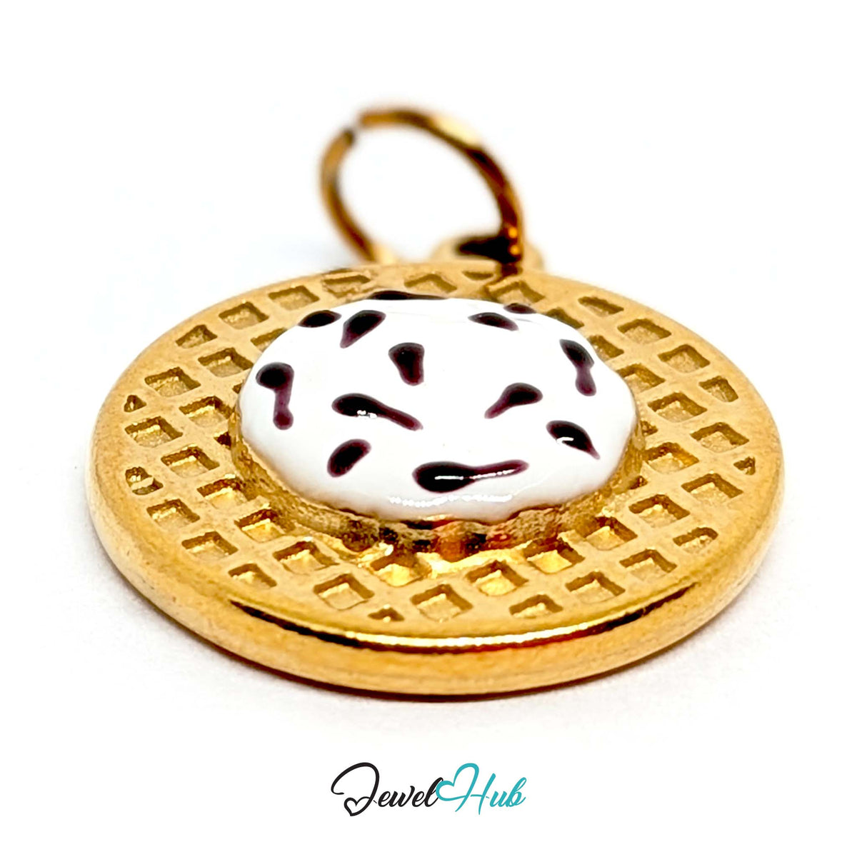 Close-up of the gold-tone cookies and cream waffle charm detail - JewelHub