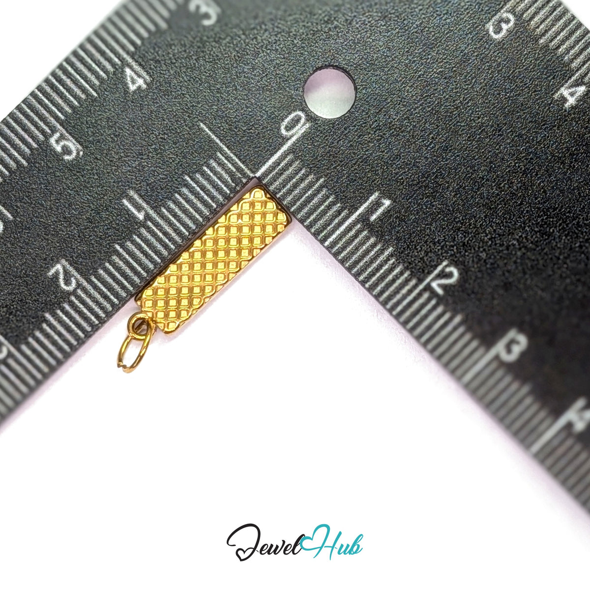 Wafer stick charm measured against a ruler at 5.7mm wide by 20.4mm tall - JewelHub