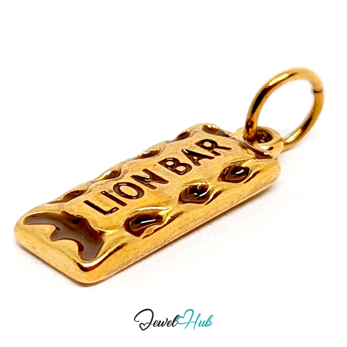 Angled view of the gold-tone chocolate bar charm - JewelHub