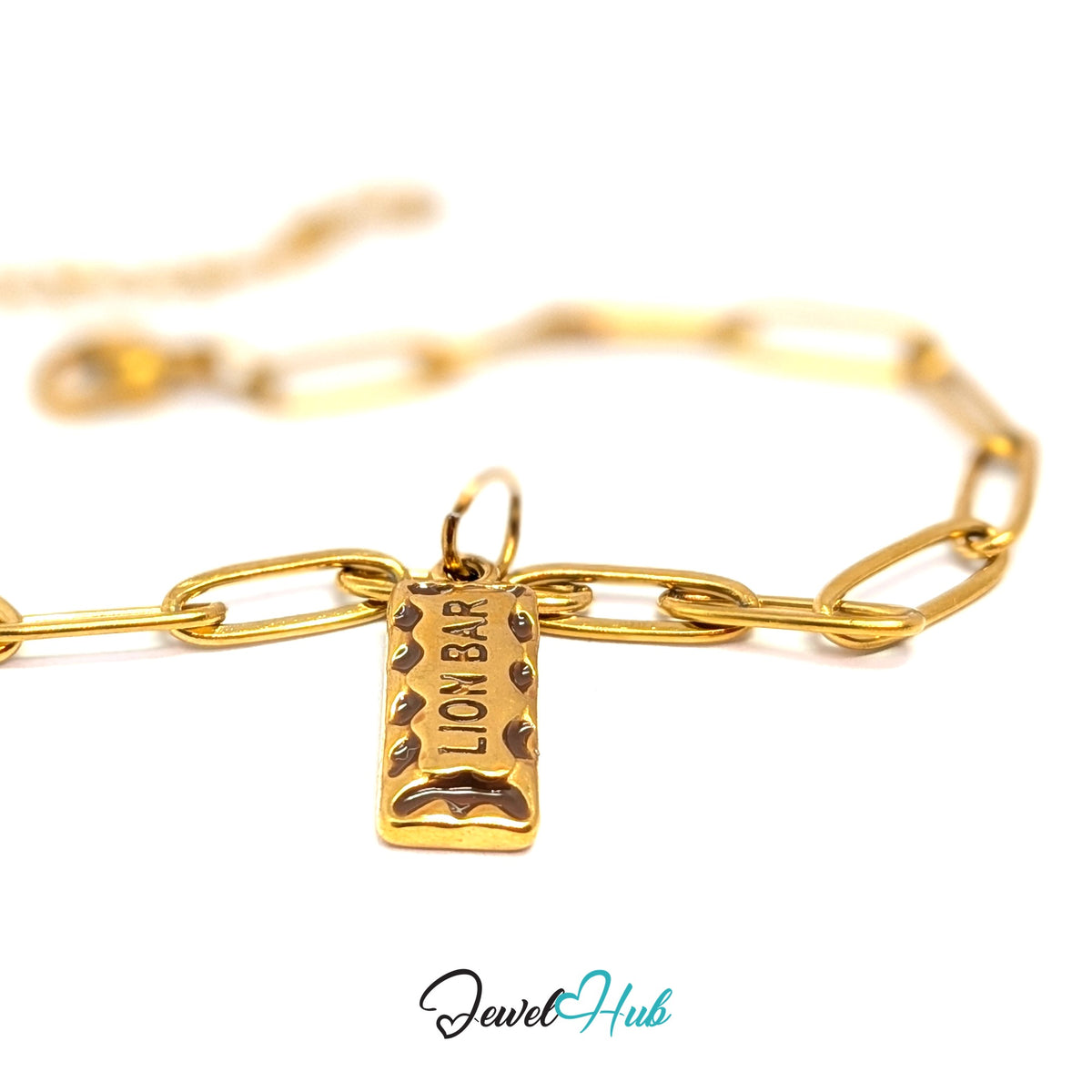 Gold-tone chocolate bar charm styled on a gold paperclip chain bracelet - JewelHub