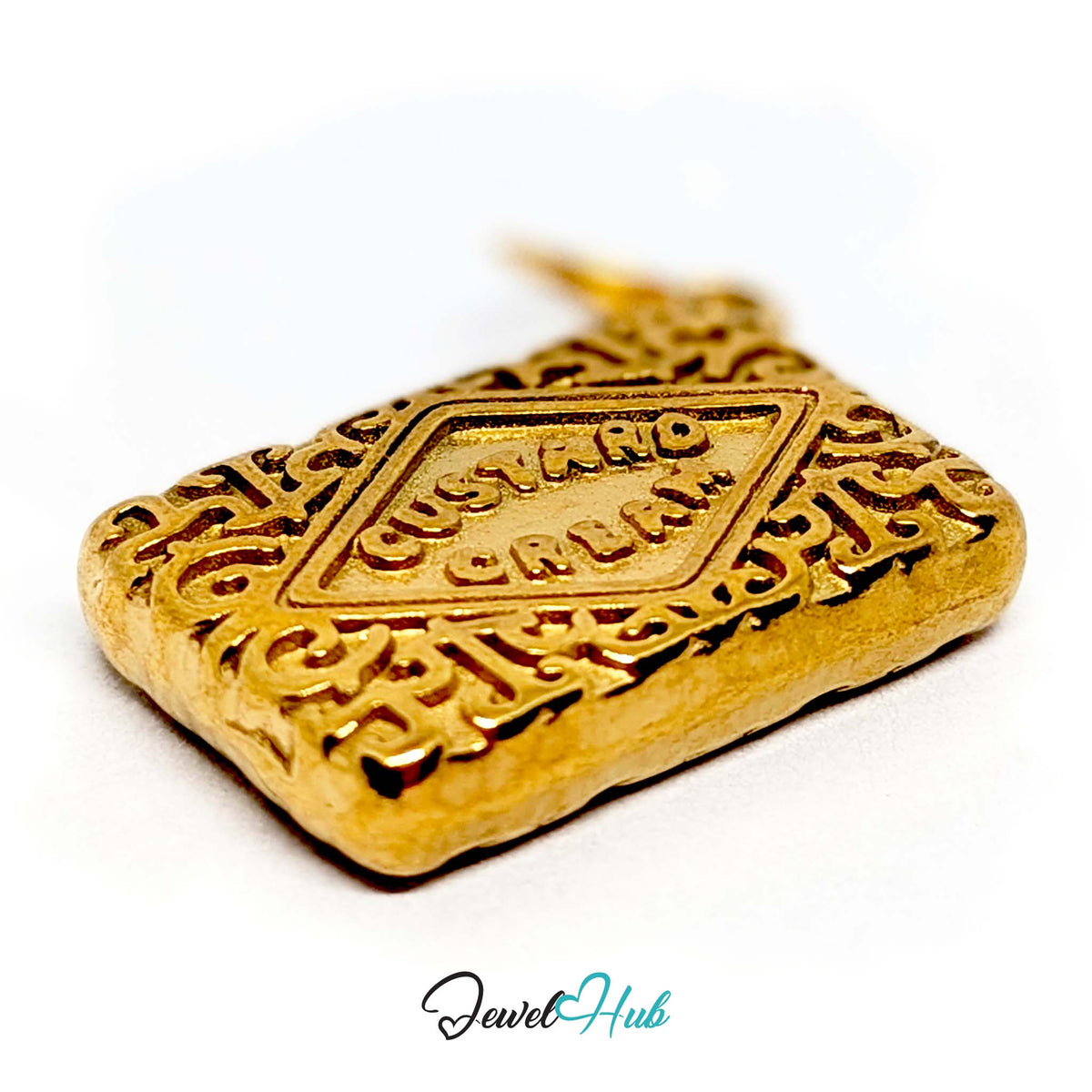Angled view of the gold-tone custard cream biscuit charm - JewelHub