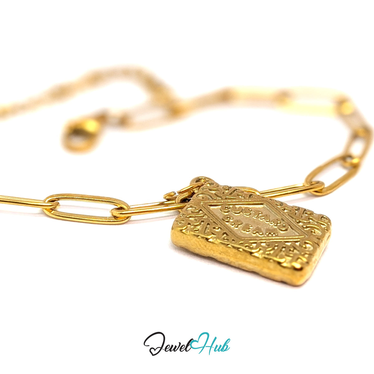 Gold-tone custard cream biscuit charm styled on a gold paperclip chain bracelet - JewelHub