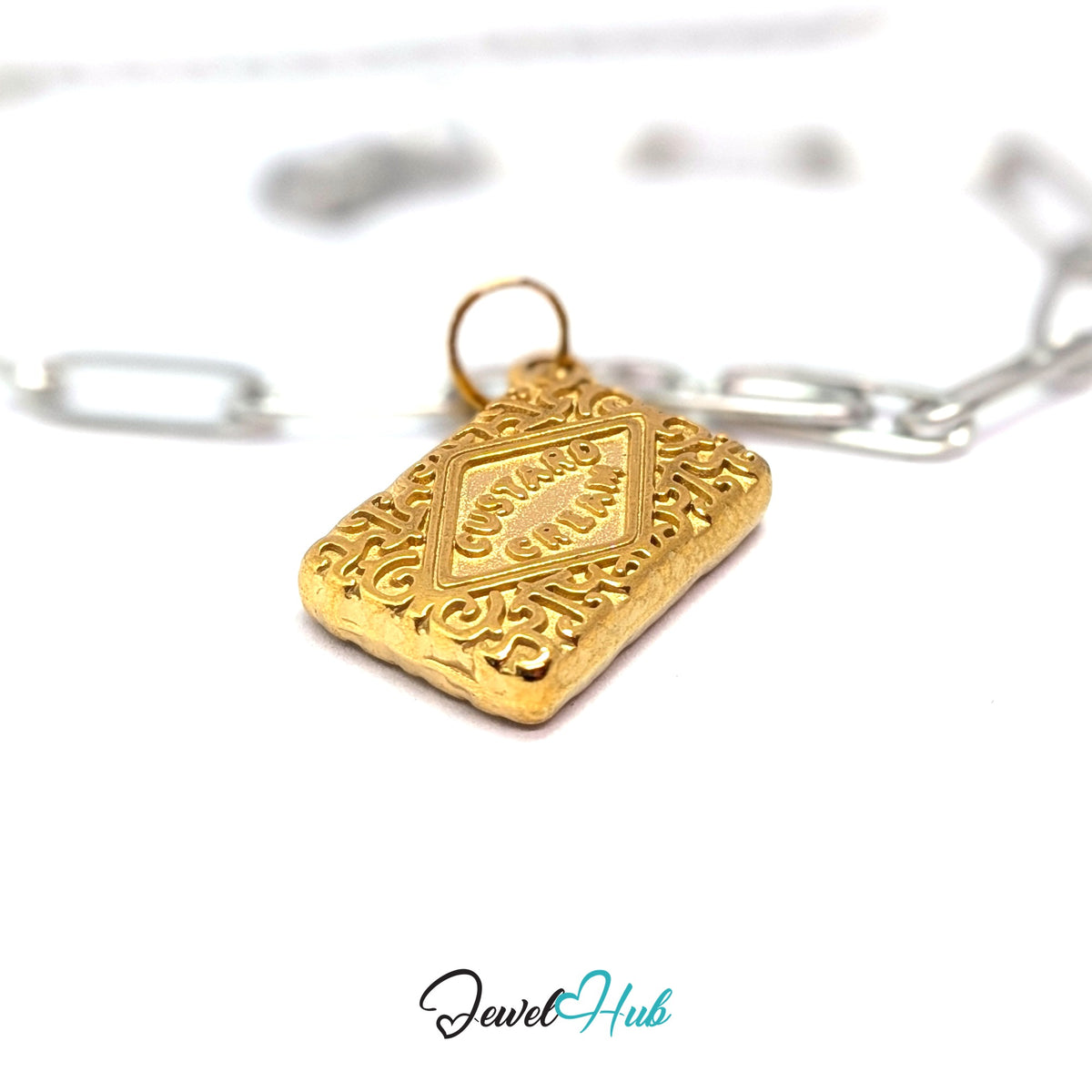 Gold-tone custard cream biscuit charm styled on a silver paperclip chain bracelet for a two-tone look - JewelHub