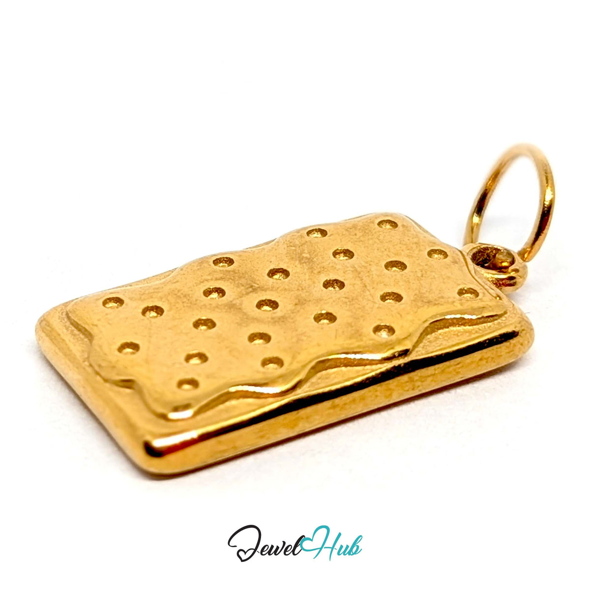 Angled view of the gold-tone dotted biscuit charm - JewelHub