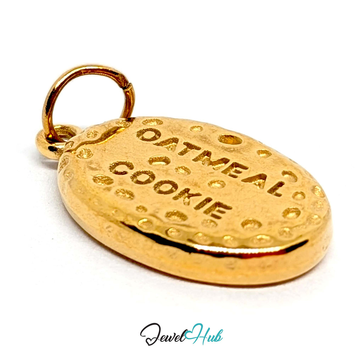 Angled view of the gold-tone oatmeal cookie charm - JewelHub