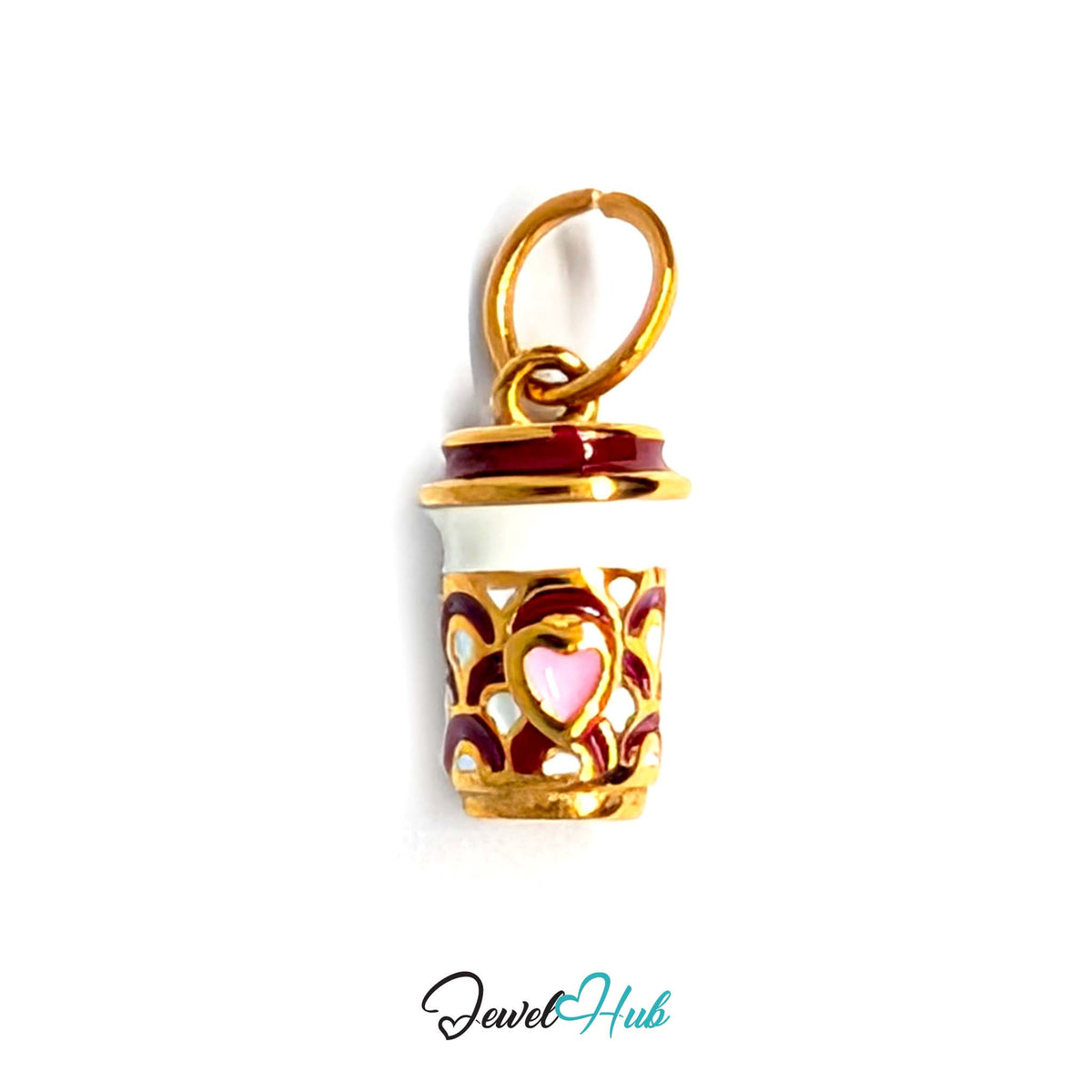 Heart patterned coffee cup charm in gold-tone stainless steel - JewelHub