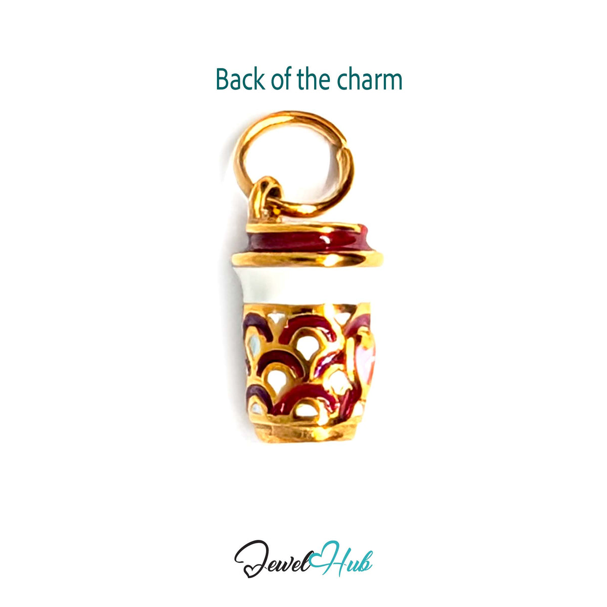 Back of the gold-tone heart patterned coffee cup charm showing the sculpted reverse - JewelHub