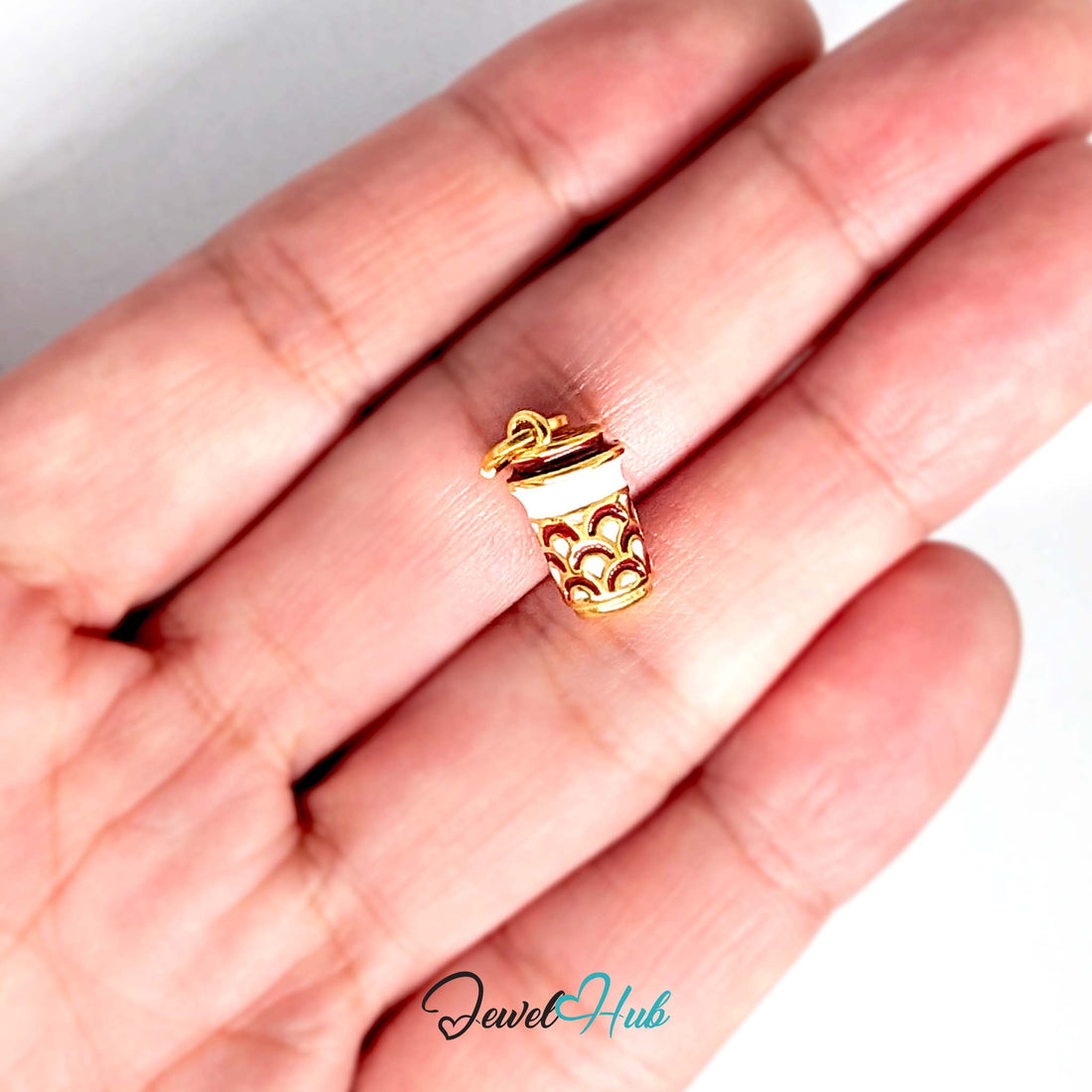 Heart patterned coffee cup charm in gold-tone stainless steel - JewelHub
