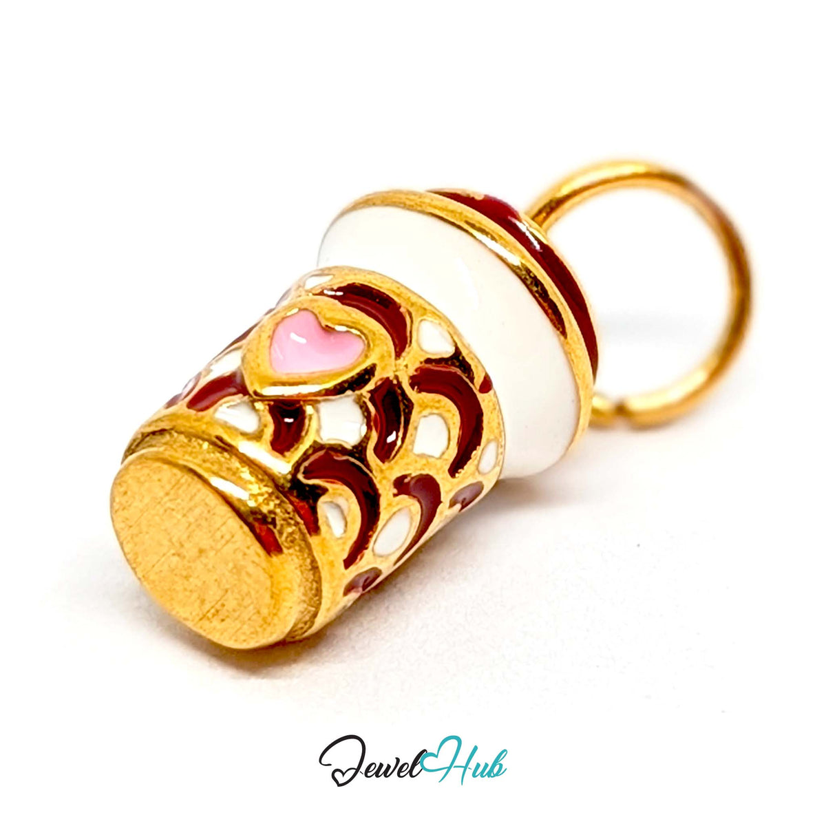 Angled view of the gold-tone heart patterned coffee cup charm - JewelHub