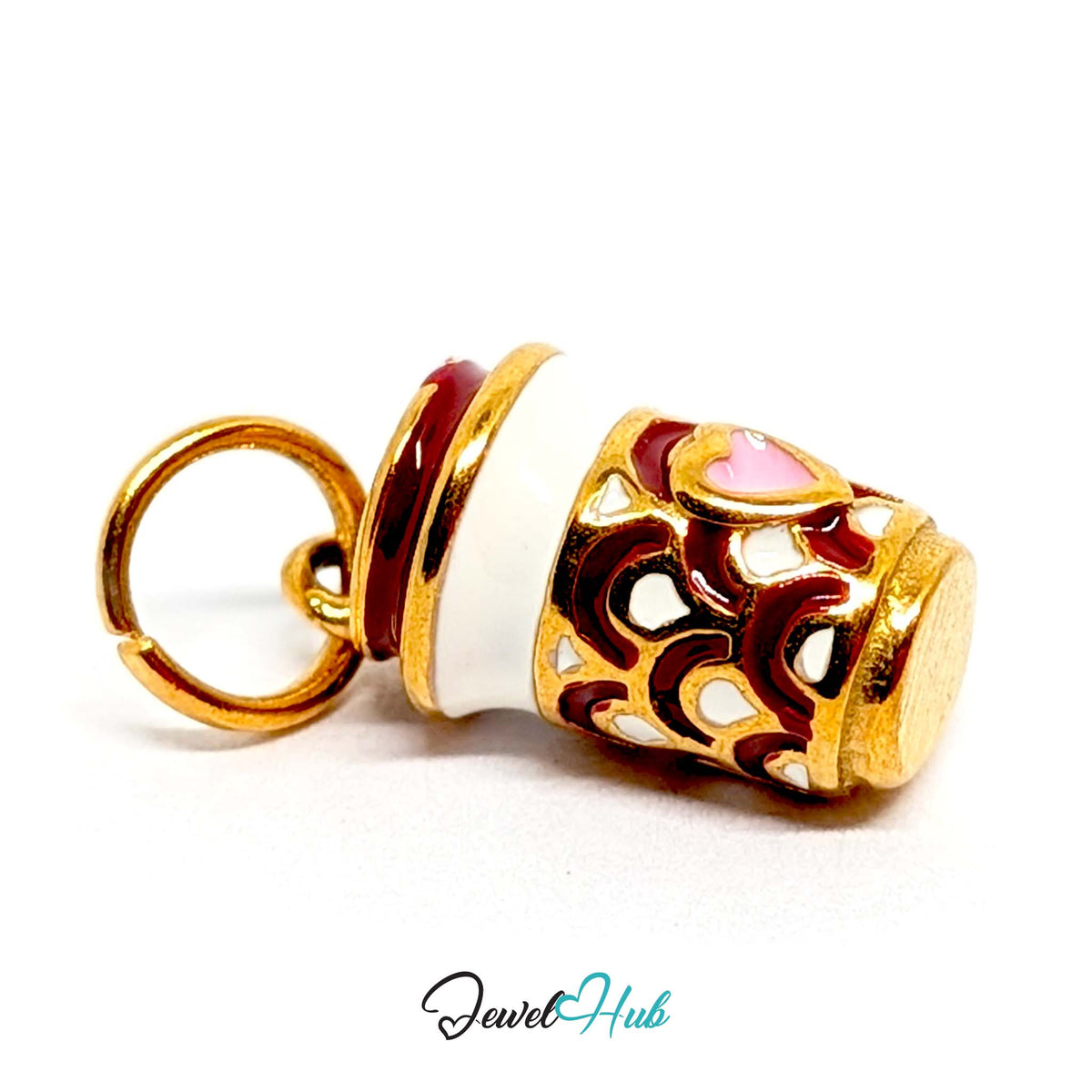 Close-up of the gold-tone heart patterned coffee cup charm detail - JewelHub