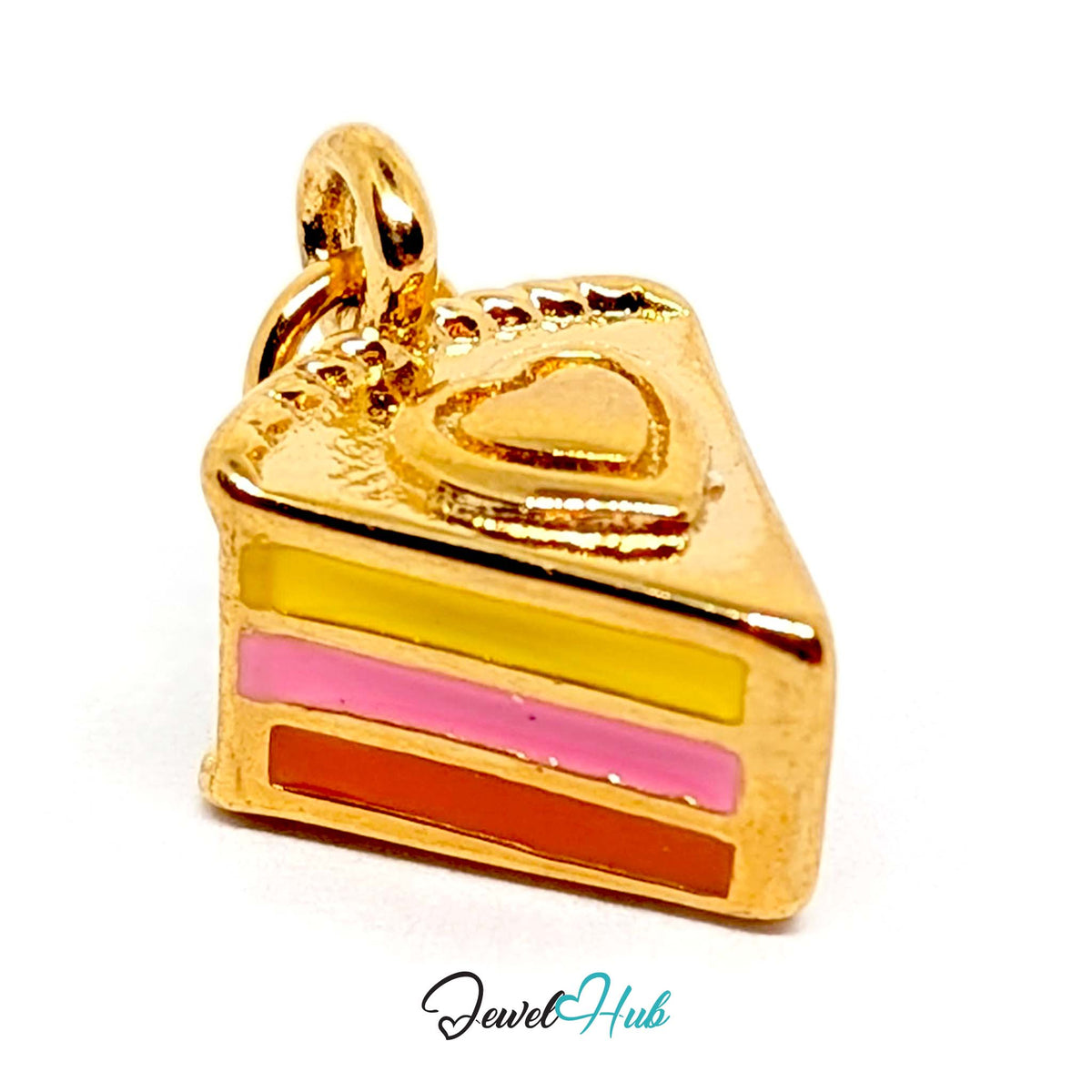 Angled view of the gold-tone layered cake slice charm - JewelHub
