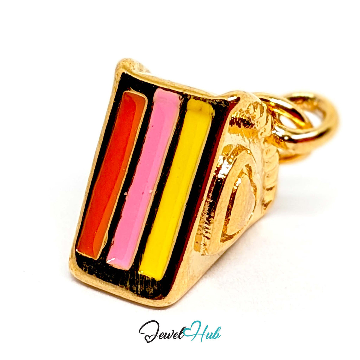 Close-up of the gold-tone layered cake slice charm detail - JewelHub
