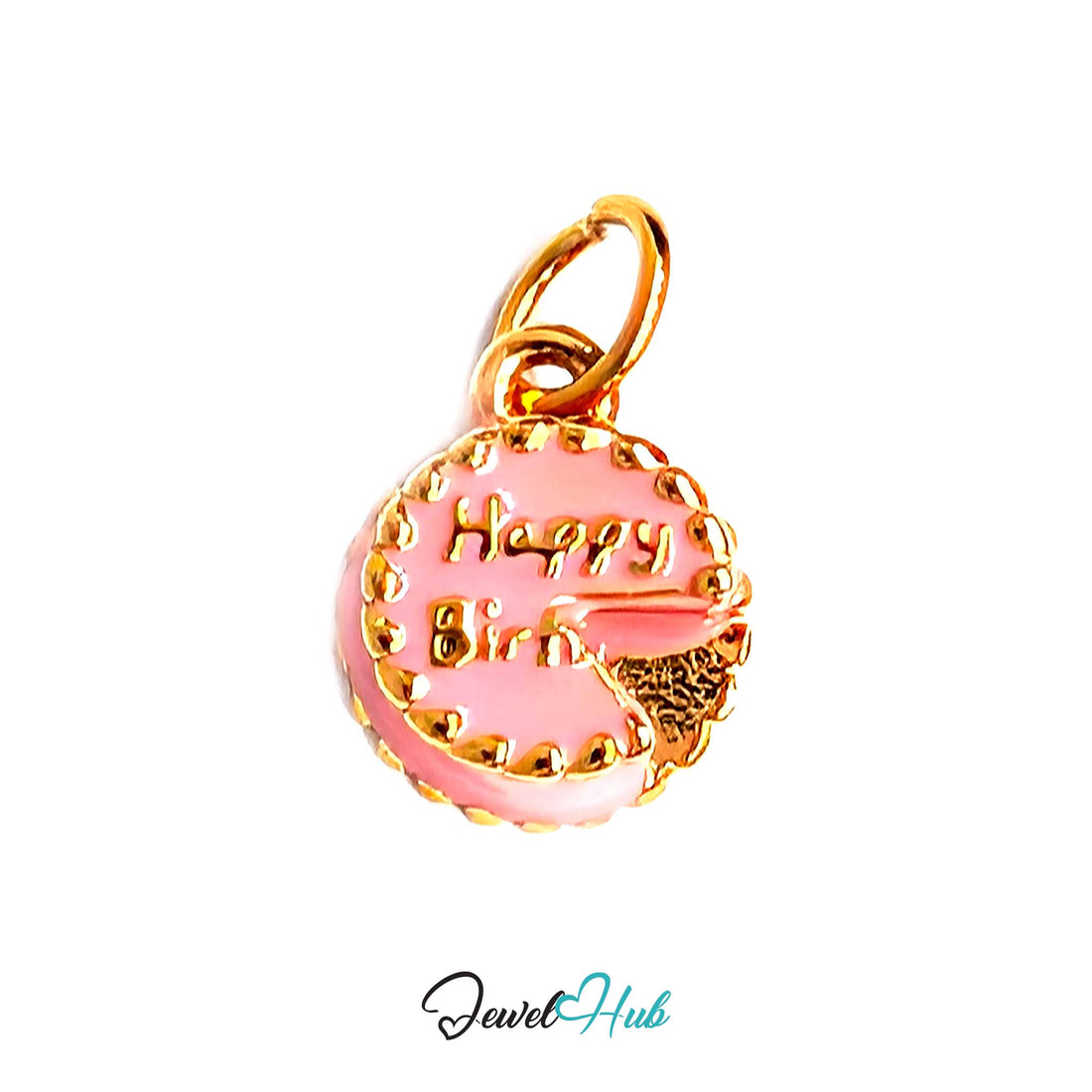 Pink birthday cake charm in gold-tone stainless steel - JewelHub