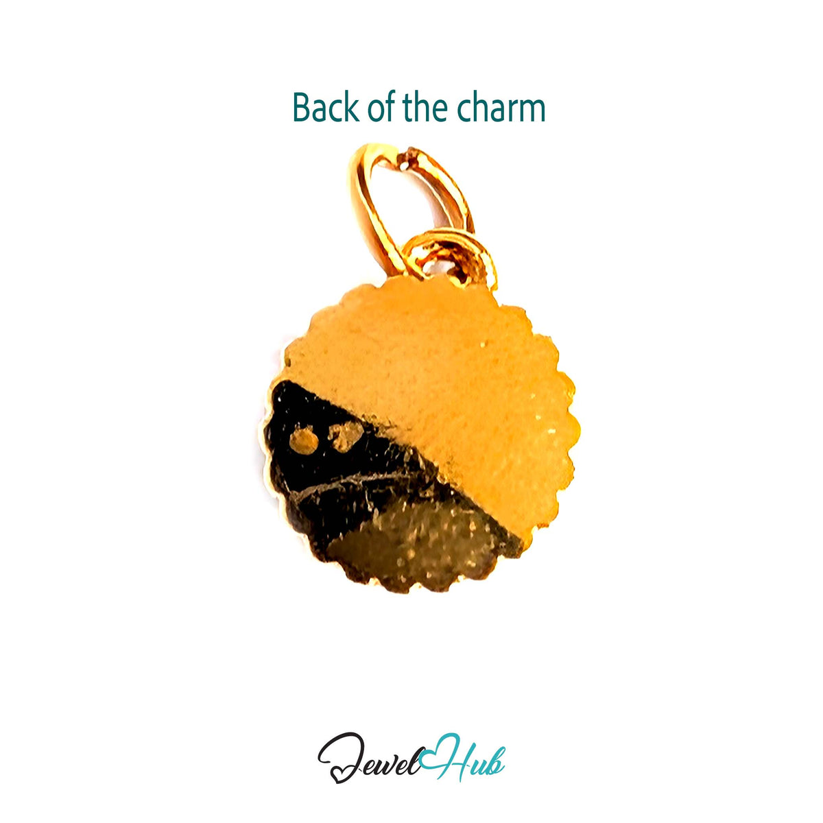 Back of the gold-tone pink birthday cake charm showing the sculpted reverse - JewelHub