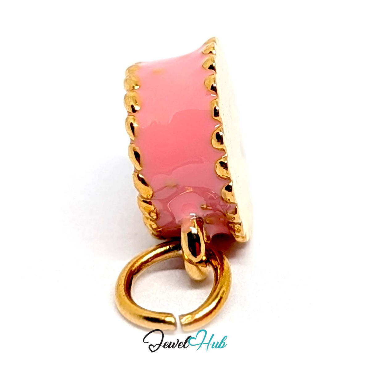Angled view of the gold-tone pink birthday cake charm - JewelHub