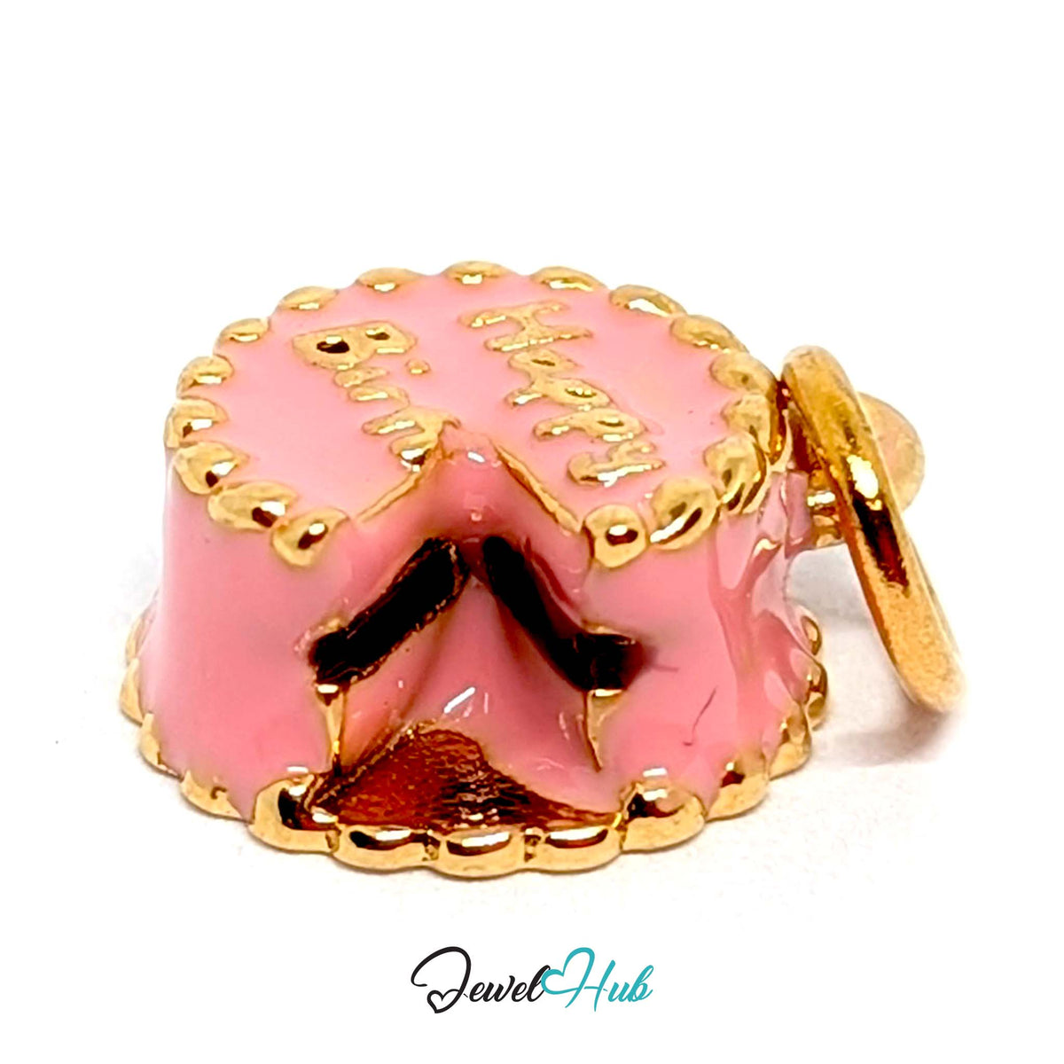 Side view of the gold-tone pink birthday cake charm - JewelHub