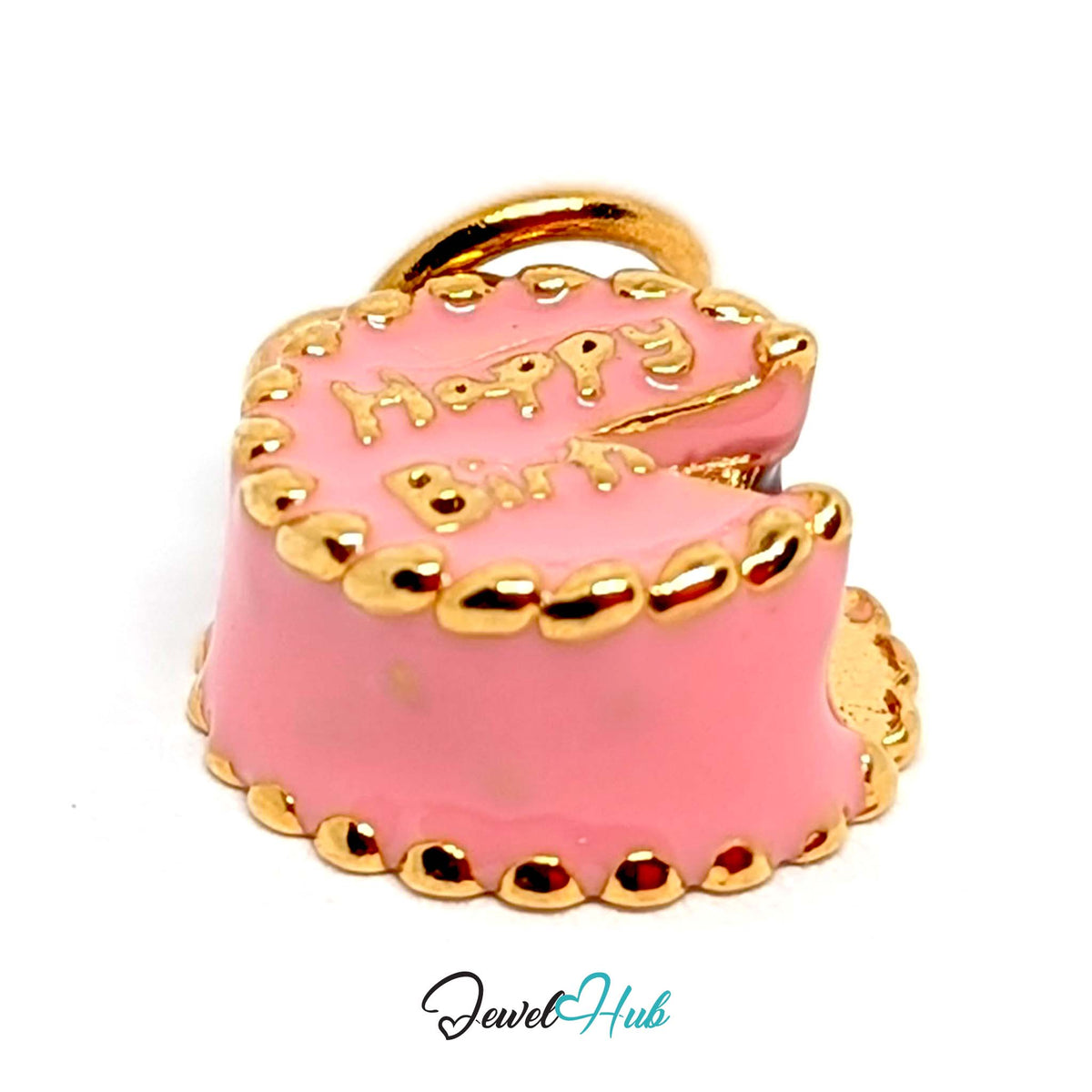 Close-up of the gold-tone pink birthday cake charm detail - JewelHub