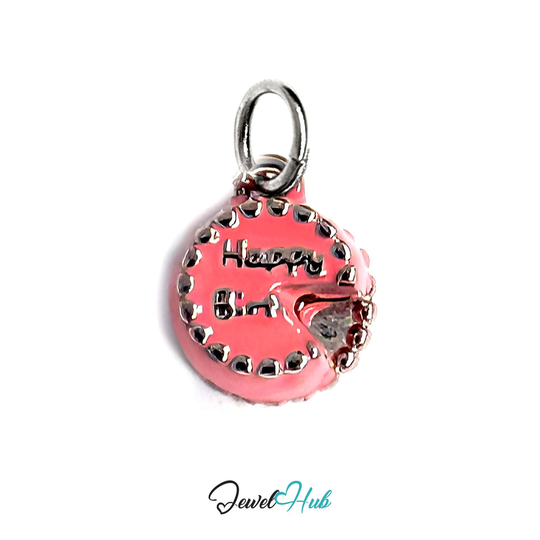 Pink birthday cake charm in silver-tone stainless steel - JewelHub