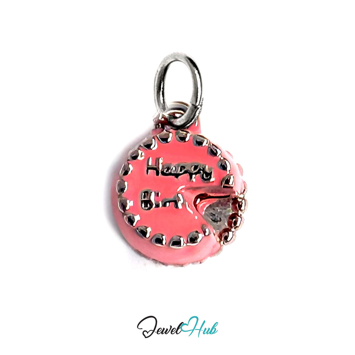 Pink birthday cake charm in silver-tone stainless steel - JewelHub