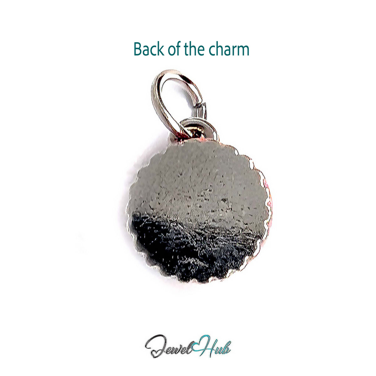 Back of the silver-tone pink birthday cake charm showing the sculpted reverse - JewelHub