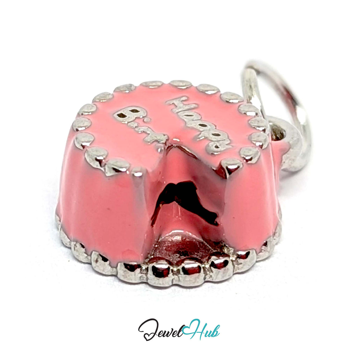 Side view of the silver-tone pink birthday cake charm - JewelHub
