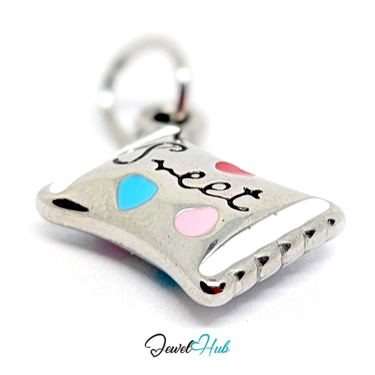 Angled view of the silver-tone sweet candy wrapper charm - JewelHub