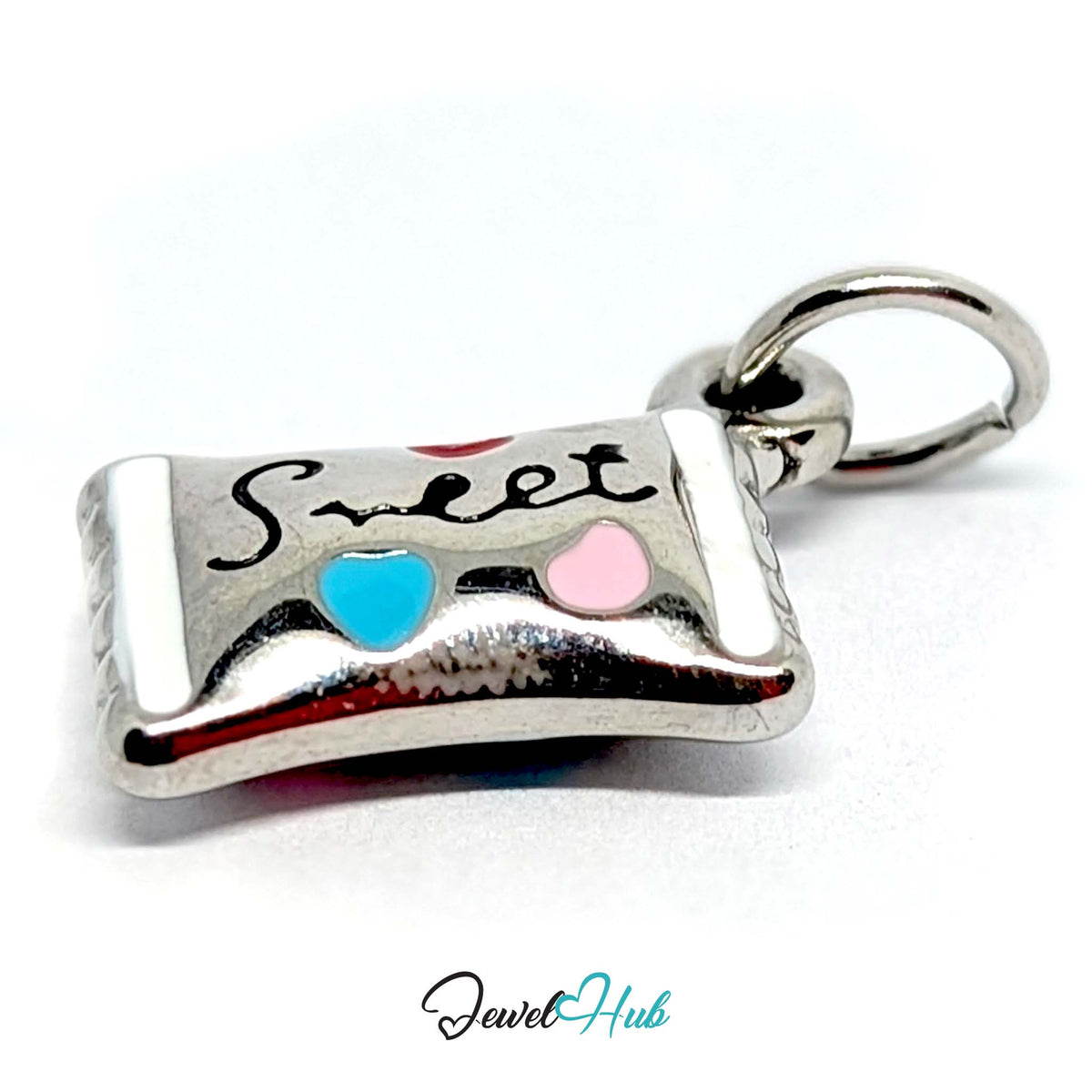 Side view of the silver-tone sweet candy wrapper charm - JewelHub