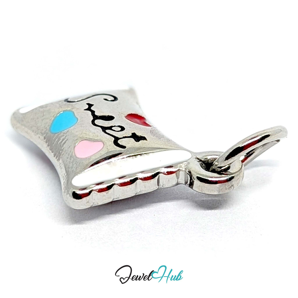 Close-up of the silver-tone sweet candy wrapper charm detail - JewelHub