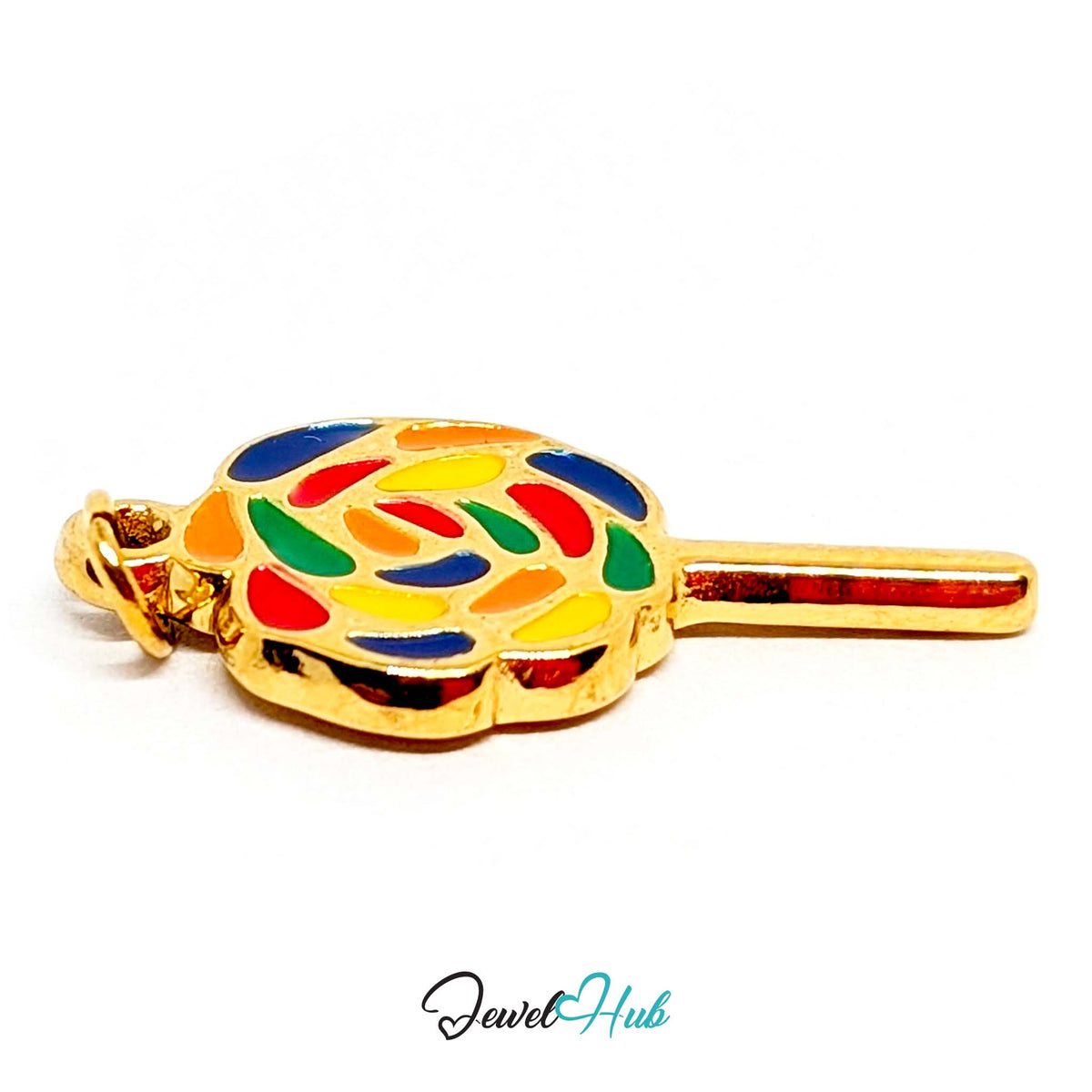 Angled view of the gold-tone rainbow swirl lollipop charm - JewelHub