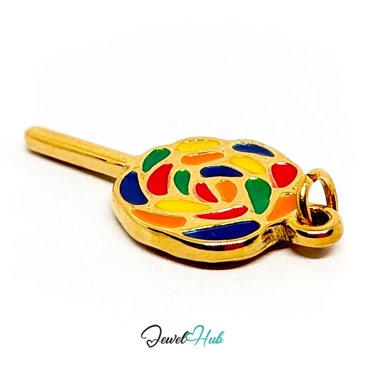 Close-up of the gold-tone rainbow swirl lollipop charm detail - JewelHub