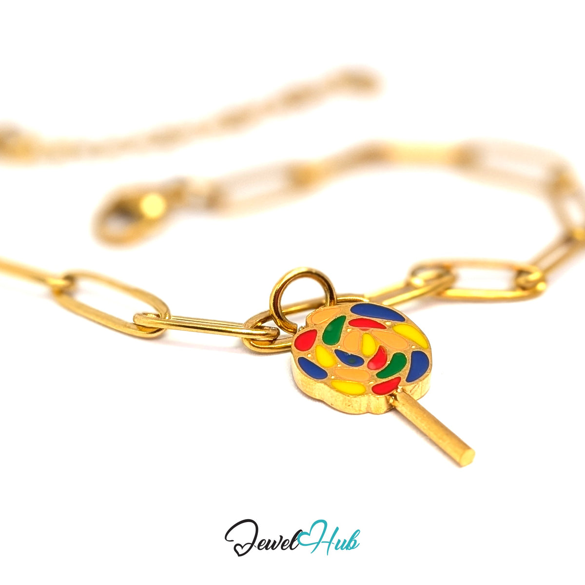 Gold-tone rainbow swirl lollipop charm styled on a gold paperclip chain bracelet - JewelHub