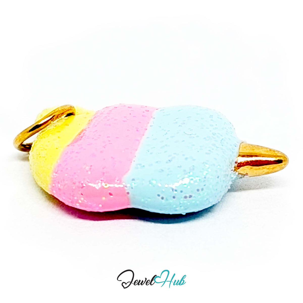 Close-up of the gold-tone pastel glitter cotton candy charm detail - JewelHub