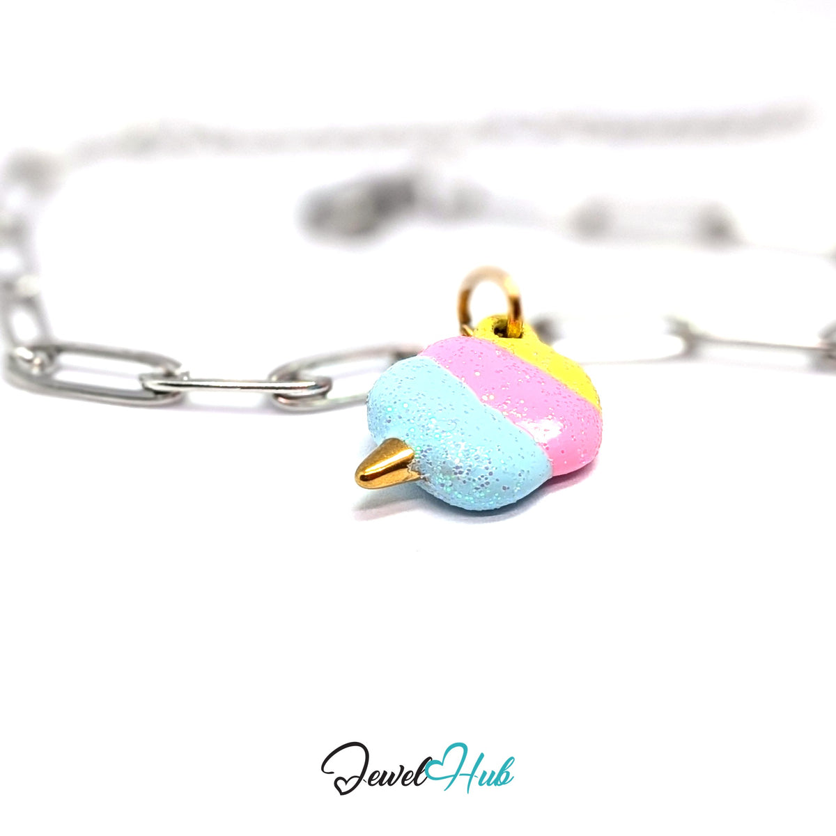 Gold-tone pastel glitter cotton candy charm styled on a silver paperclip chain bracelet for a two-tone look - JewelHub