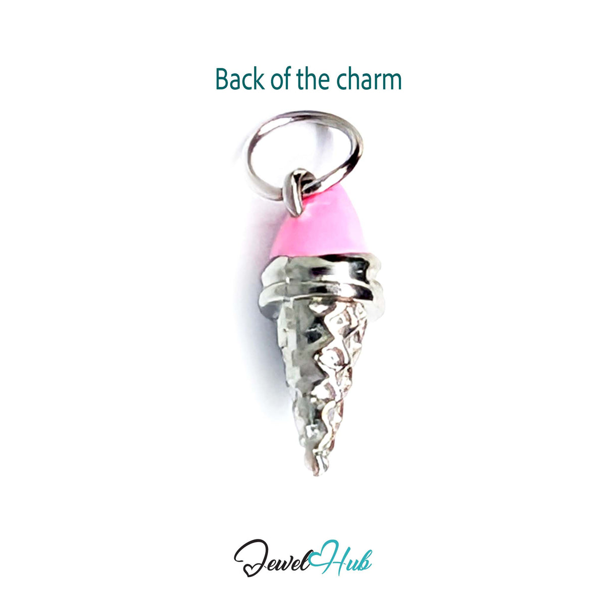 Back of the silver-tone pink scoop ice cream cone charm showing the sculpted reverse - JewelHub