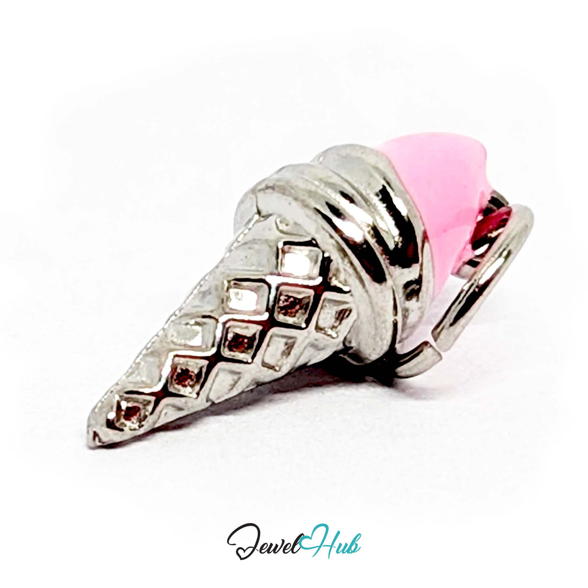 Angled view of the silver-tone pink scoop ice cream cone charm - JewelHub