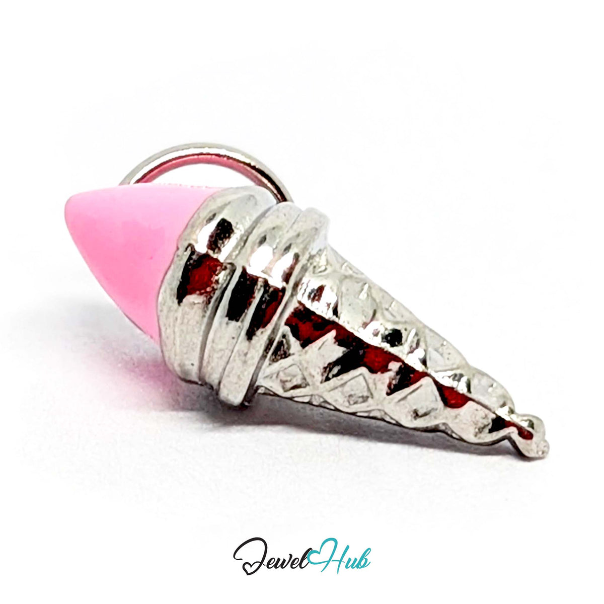 Close-up of the silver-tone pink scoop ice cream cone charm detail - JewelHub