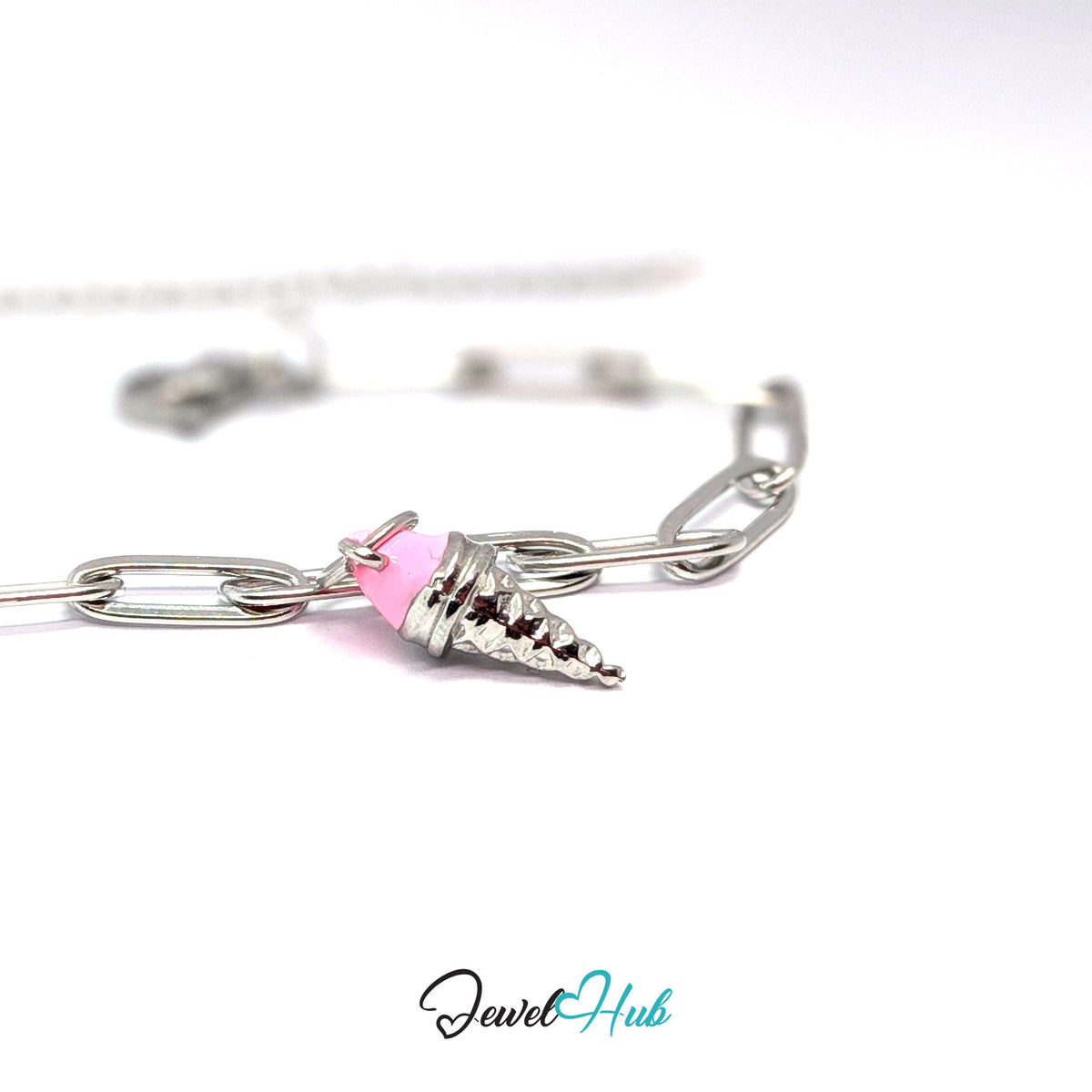 Silver-tone pink scoop ice cream cone charm styled on a silver paperclip chain bracelet - JewelHub