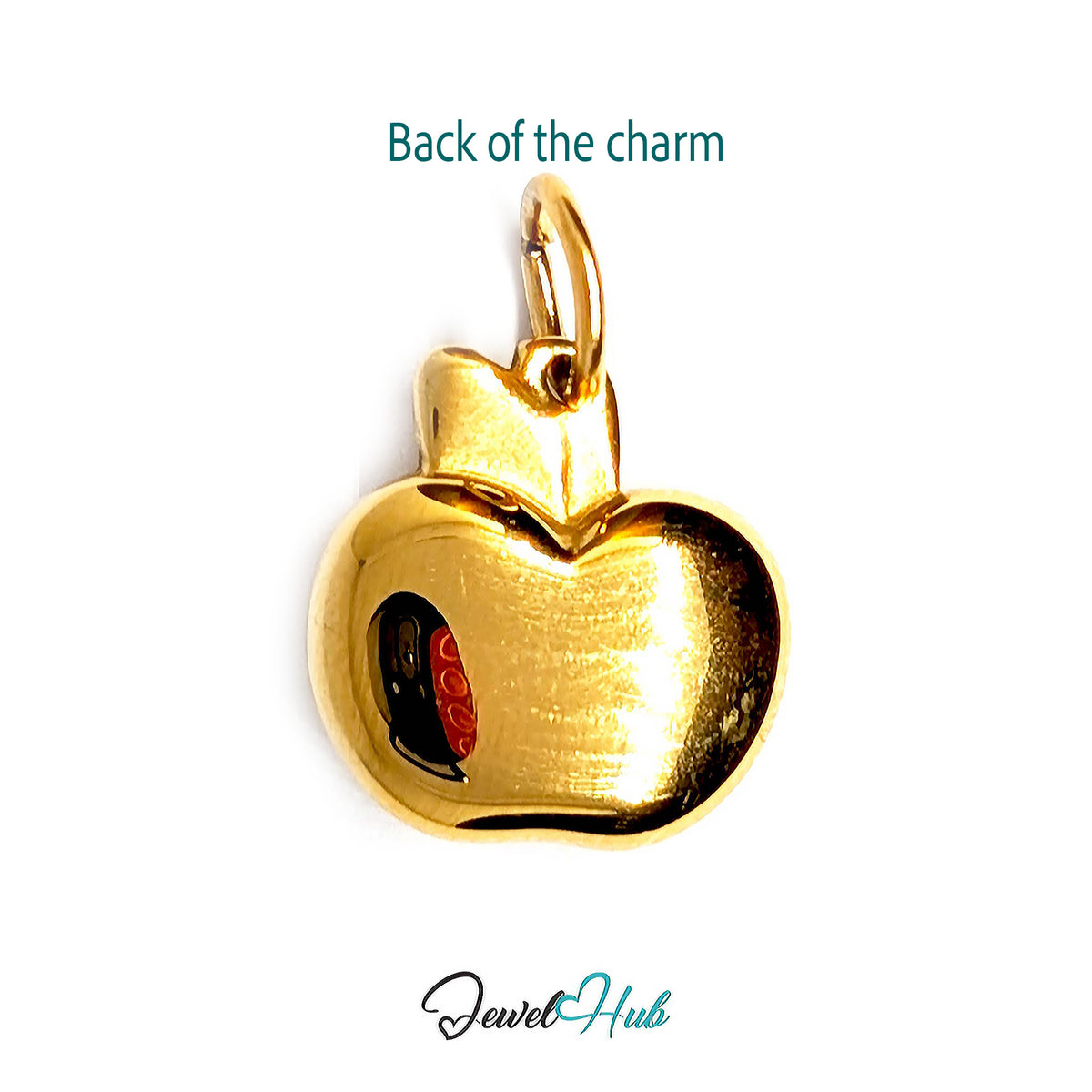 Back of the gold-tone crystal apple charm showing the sculpted reverse - JewelHub