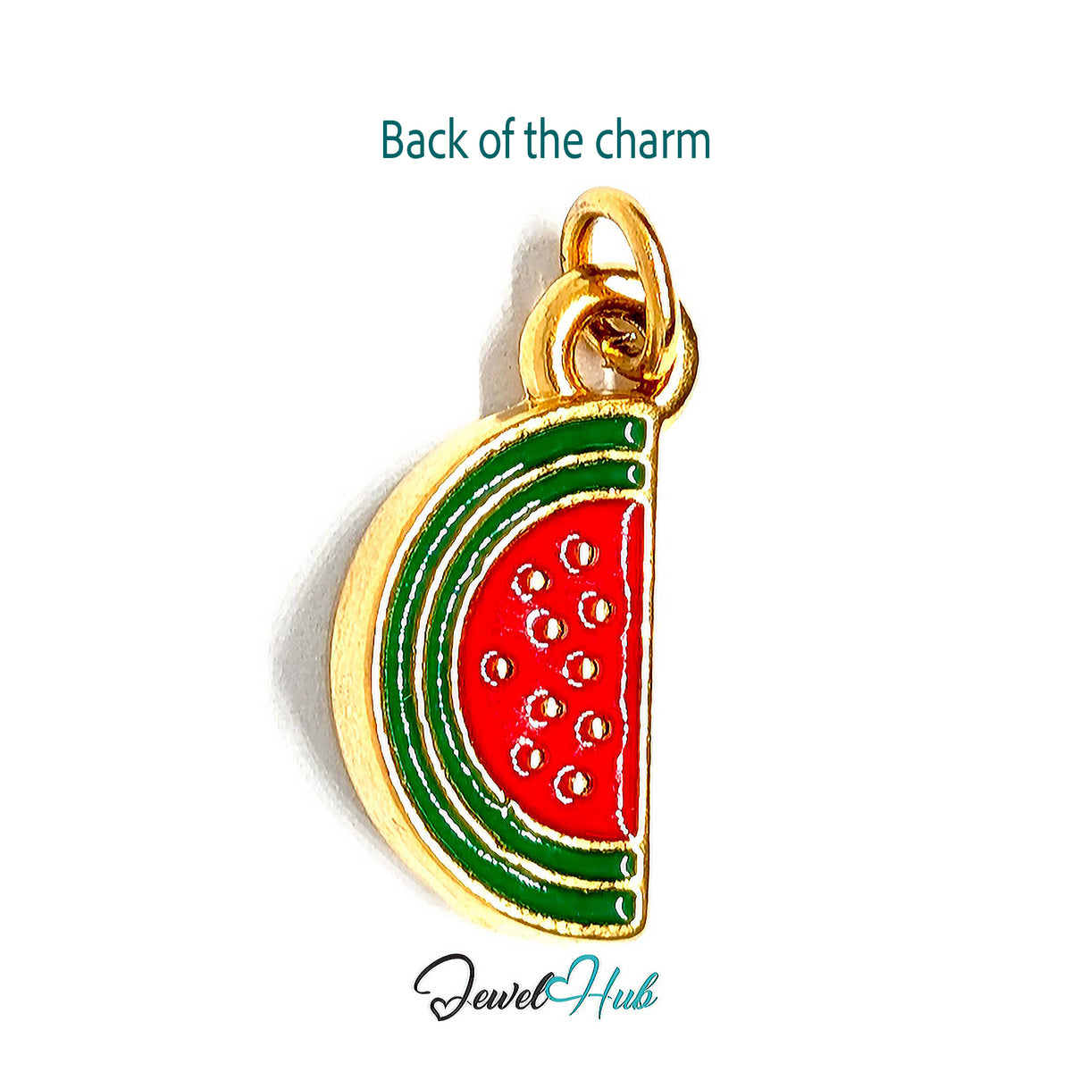 Back of the gold-tone watermelon slice charm showing the sculpted reverse - JewelHub