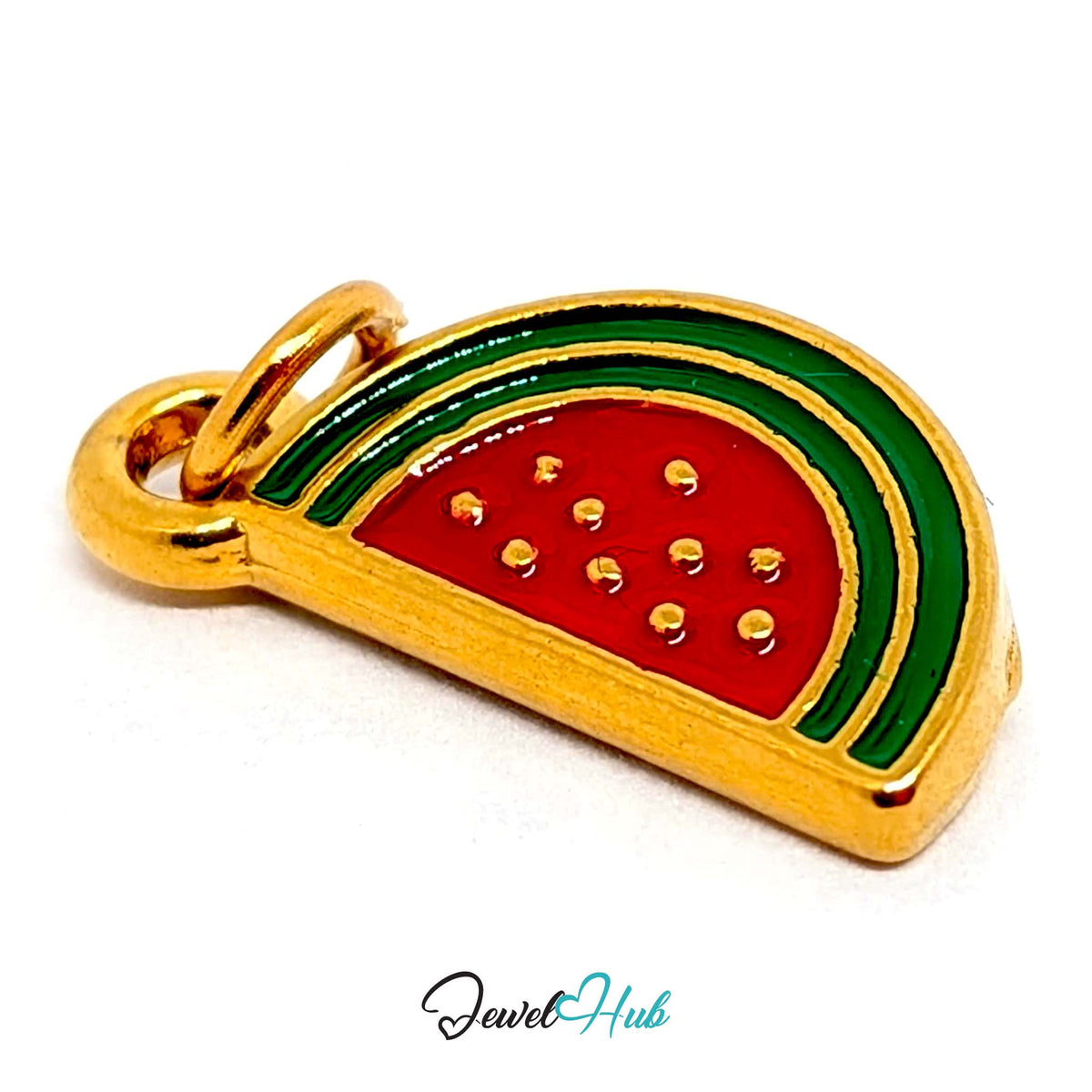 Angled view of the gold-tone watermelon slice charm - JewelHub