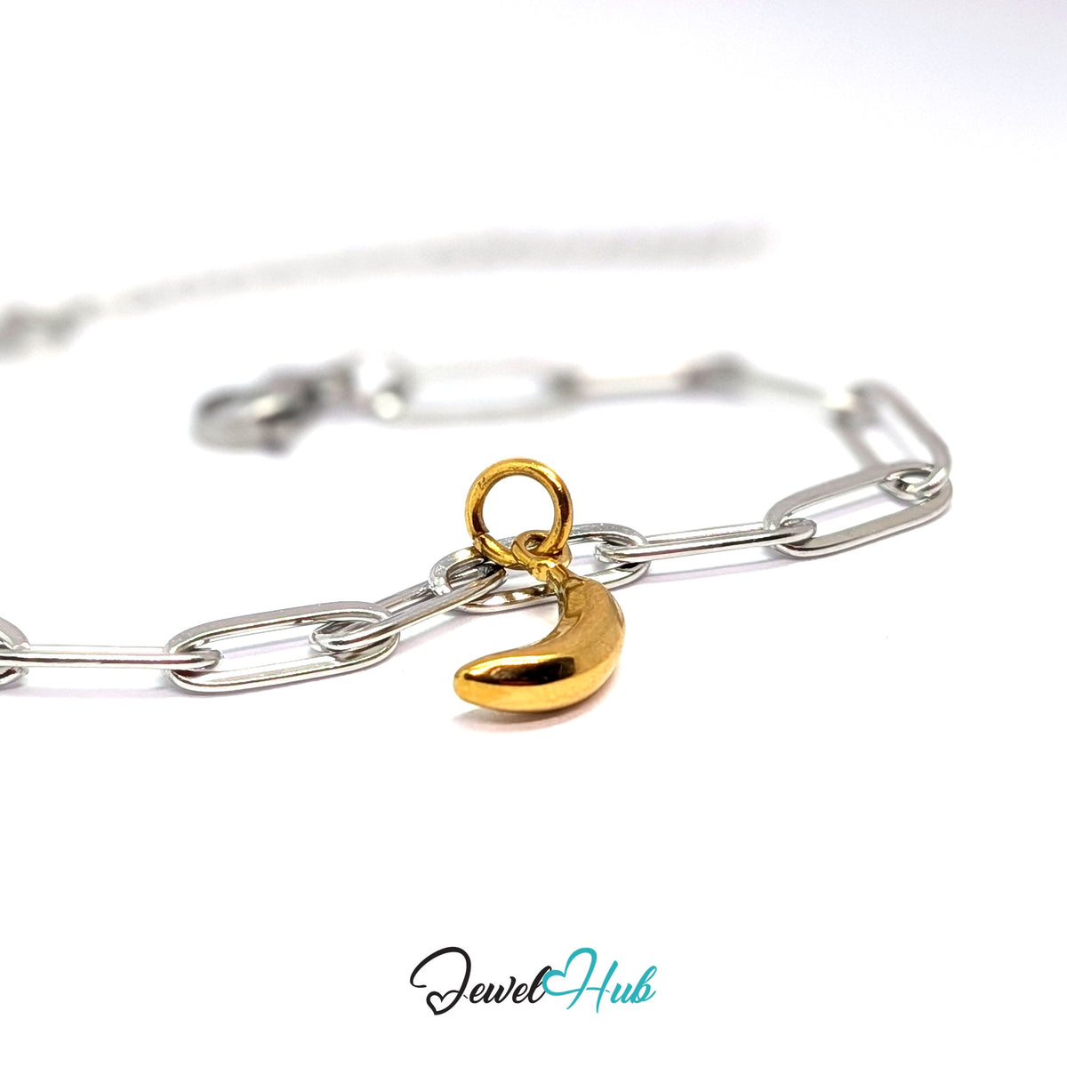 Gold-tone polished banana charm styled on a silver paperclip chain bracelet for a two-tone look - JewelHub
