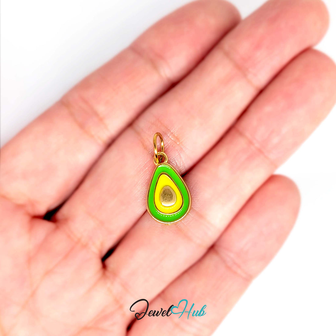 Green enamel avocado half charm in gold-tone stainless steel - JewelHub