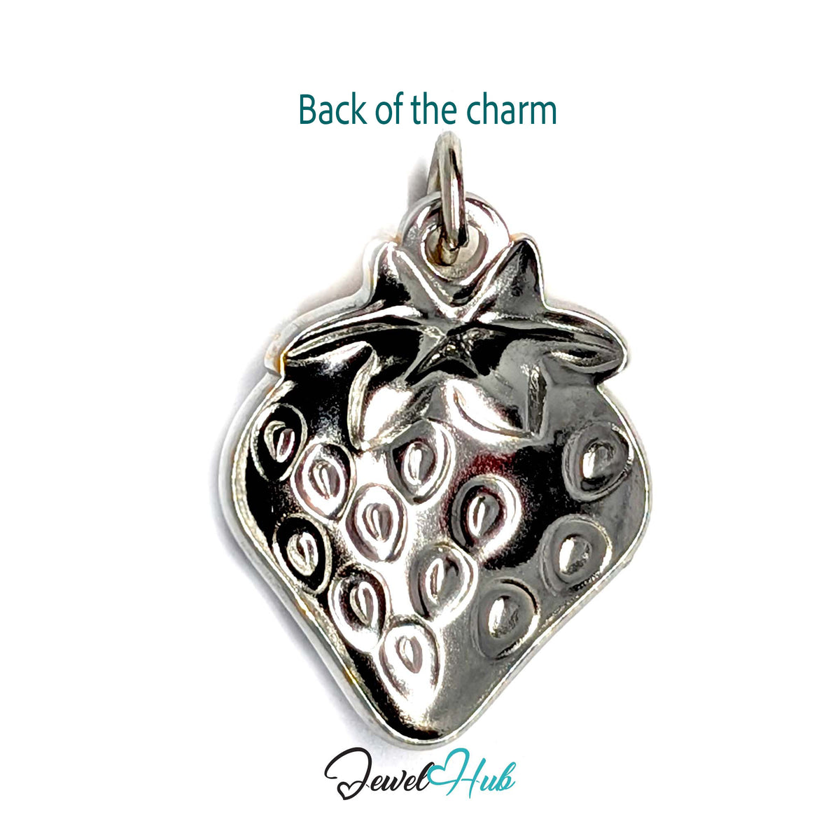 Back of the silver-tone two-tone strawberry charm showing the sculpted reverse - JewelHub