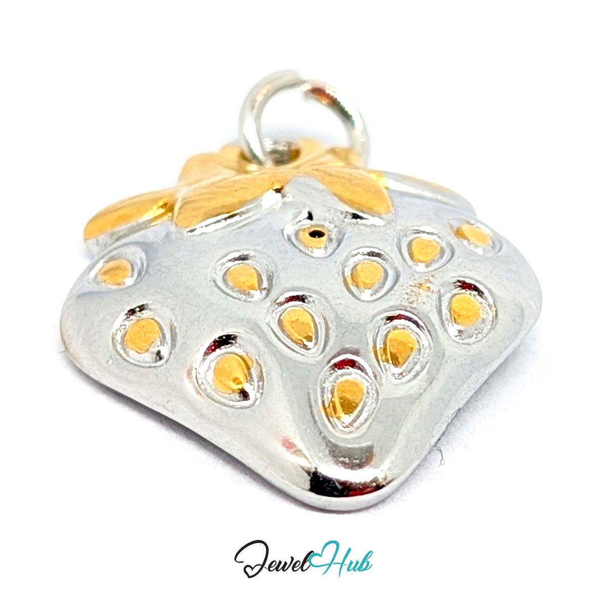 Side view of the silver-tone two-tone strawberry charm - JewelHub