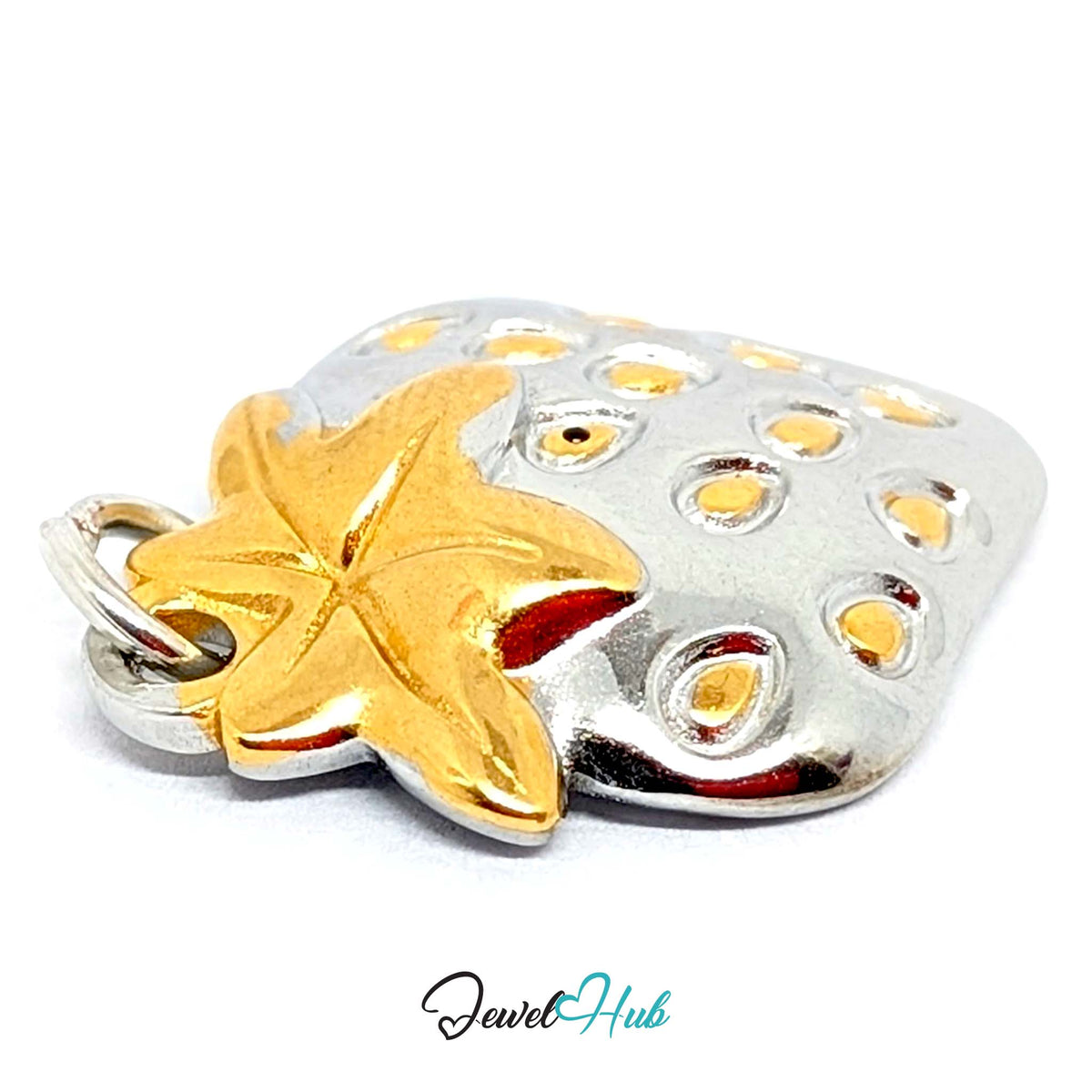 Close-up of the silver-tone two-tone strawberry charm detail - JewelHub