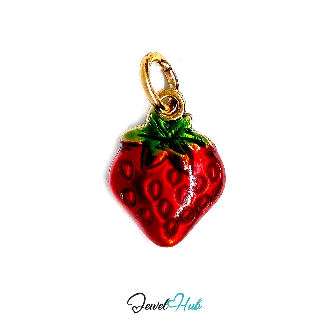 Red enamel strawberry charm in gold-tone stainless steel - JewelHub